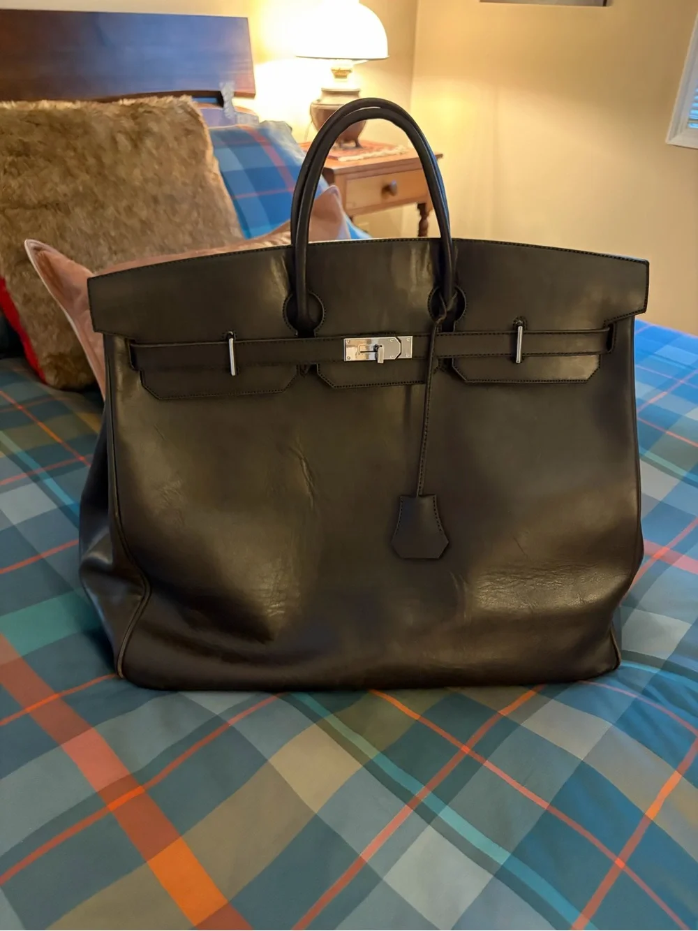 Brown Leather Tote Bag with Silver Hardware